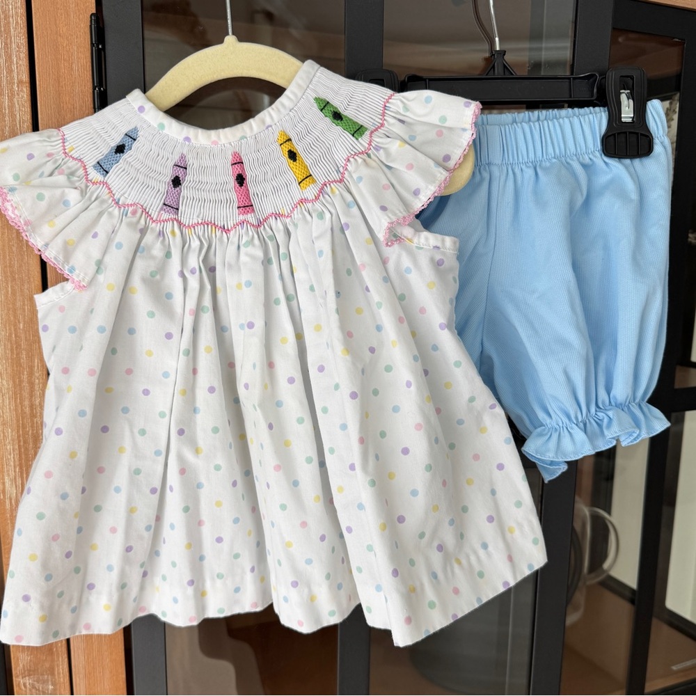 Smocked crayons dress set school polka dots colorful baby girl pastel ruffle top